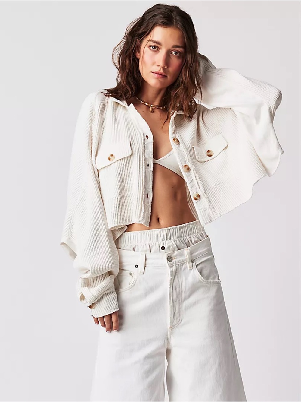 Free People Cream white Cropped Waffle-Knit Button-Down